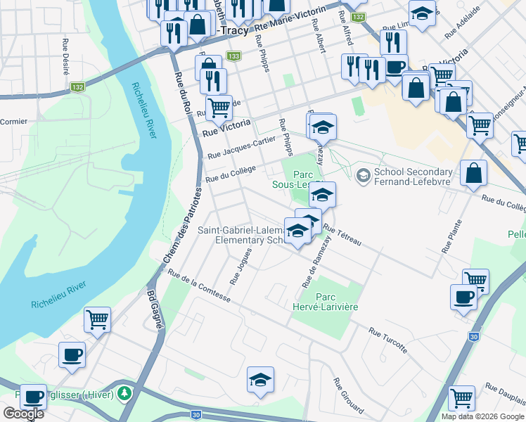 map of restaurants, bars, coffee shops, grocery stores, and more near 11 Boulevard Lucien-Cardin in Sorel-Tracy