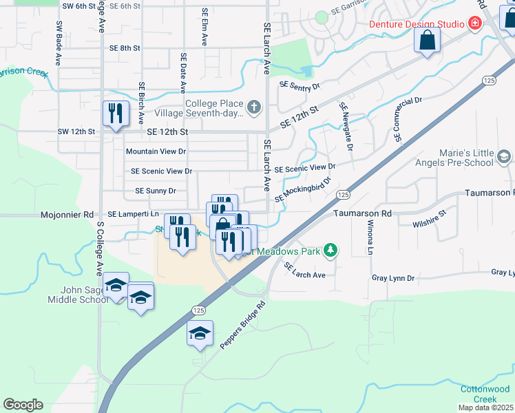 map of restaurants, bars, coffee shops, grocery stores, and more near 724 Southeast Mockingbird Drive in College Place