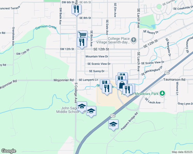map of restaurants, bars, coffee shops, grocery stores, and more near 123 Southeast Valley Drive in College Place