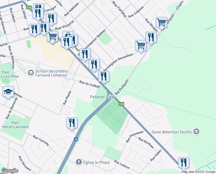 map of restaurants, bars, coffee shops, grocery stores, and more near 375 Boulevard Fiset in Sorel-Tracy