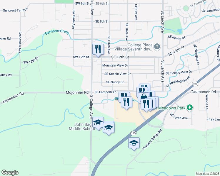 map of restaurants, bars, coffee shops, grocery stores, and more near 123 Southeast Valley Drive in College Place