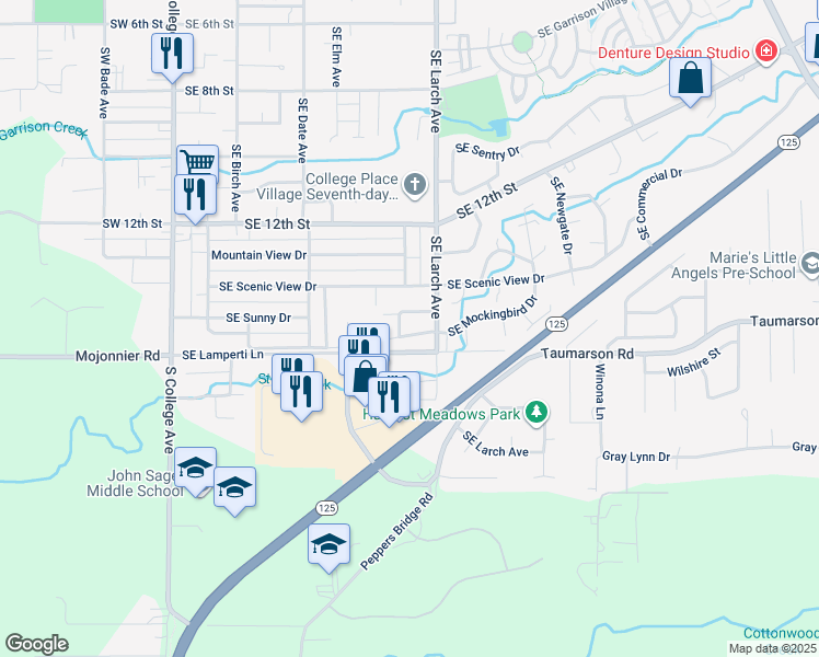 map of restaurants, bars, coffee shops, grocery stores, and more near 614 Mockingbird Drive in College Place