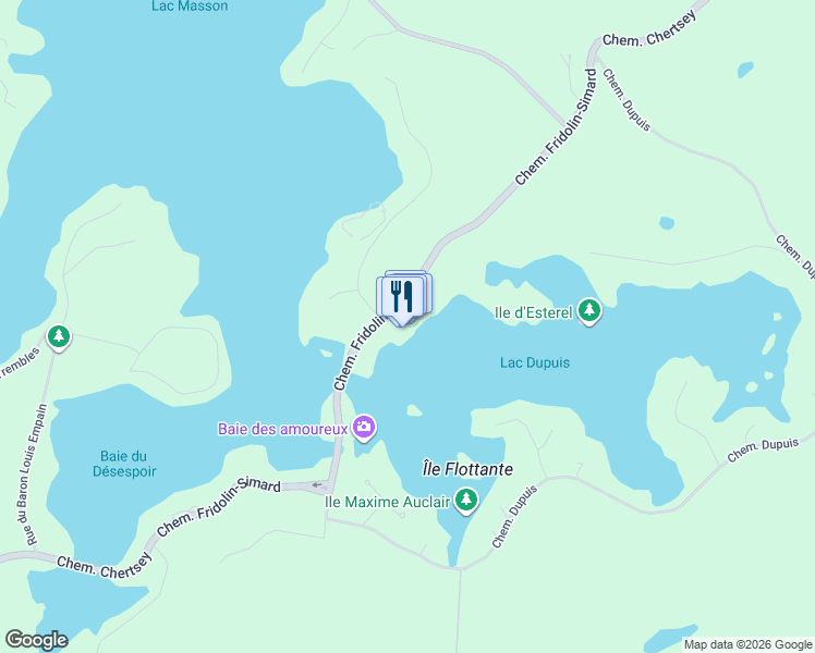 map of restaurants, bars, coffee shops, grocery stores, and more near 39 Chemin Fridolin-Simard in Estérel