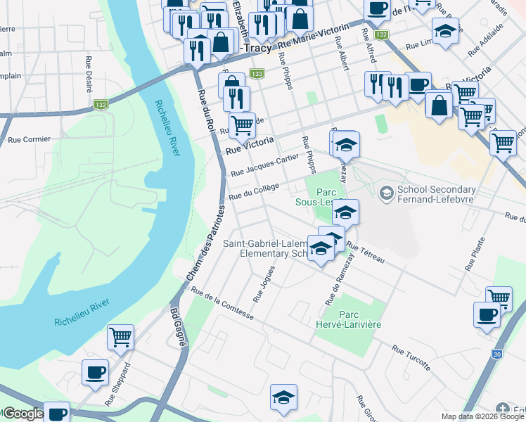map of restaurants, bars, coffee shops, grocery stores, and more near 278 Rue du Prince in Sorel-Tracy