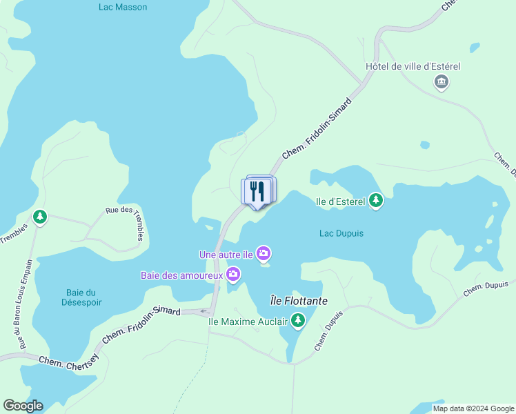 map of restaurants, bars, coffee shops, grocery stores, and more near 54 Chemin Fridolin-Simard in Estérel