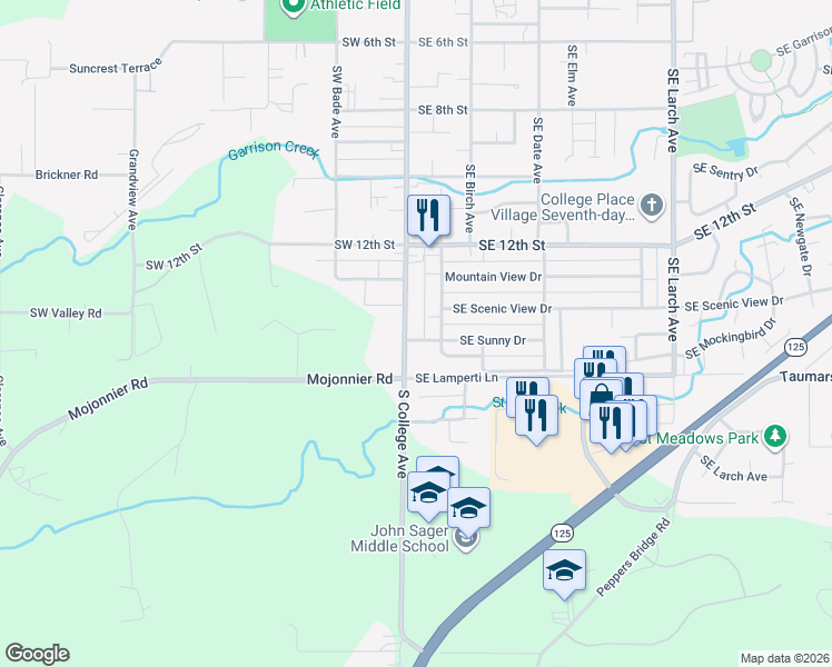 map of restaurants, bars, coffee shops, grocery stores, and more near 1425 South College Avenue in College Place