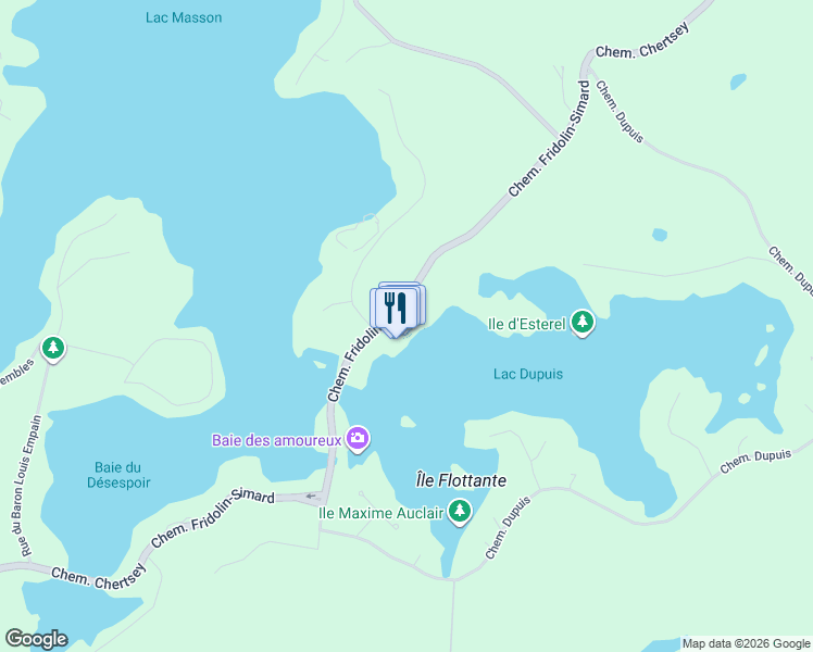 map of restaurants, bars, coffee shops, grocery stores, and more near 43 Chemin Fridolin-Simard in Estérel