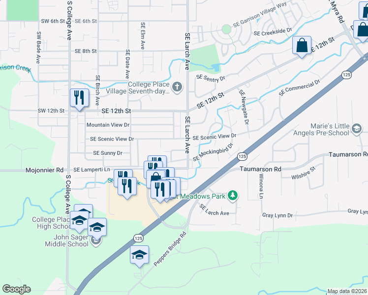 map of restaurants, bars, coffee shops, grocery stores, and more near 728 Southeast Scenic View Drive in College Place
