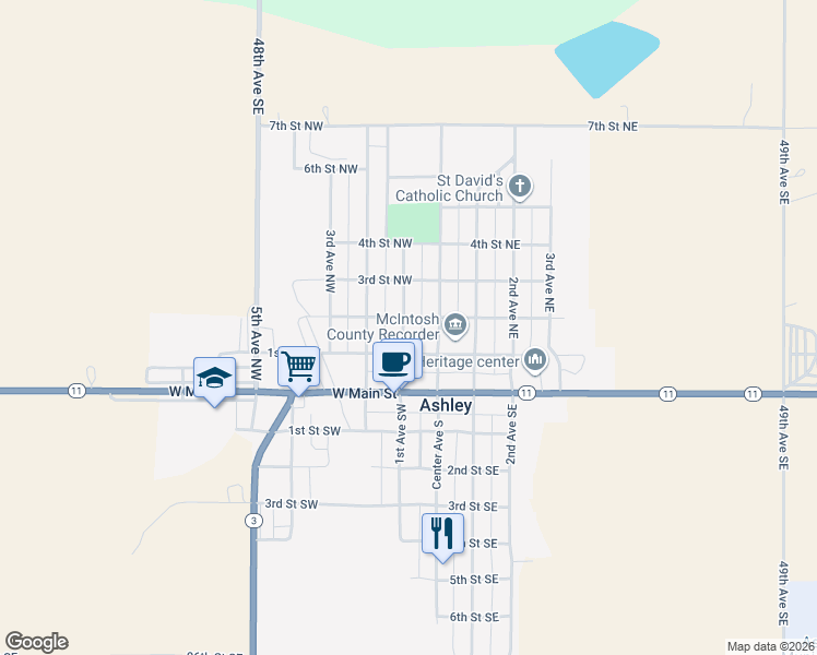 map of restaurants, bars, coffee shops, grocery stores, and more near 103-147 2nd Street Northwest in Ashley