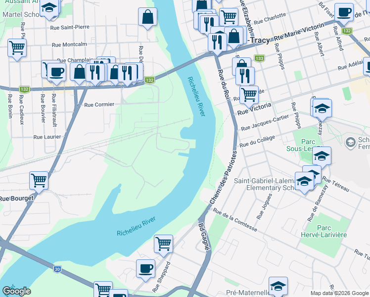 map of restaurants, bars, coffee shops, grocery stores, and more near 1805 Rue Émile Bernard in Sorel-Tracy