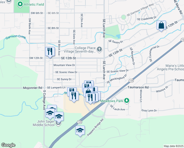 map of restaurants, bars, coffee shops, grocery stores, and more near 612 Southeast Scenic View Drive in College Place