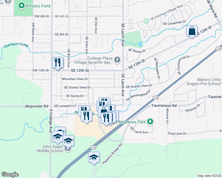map of restaurants, bars, coffee shops, grocery stores, and more near 612 Southeast Scenic View Drive in College Place