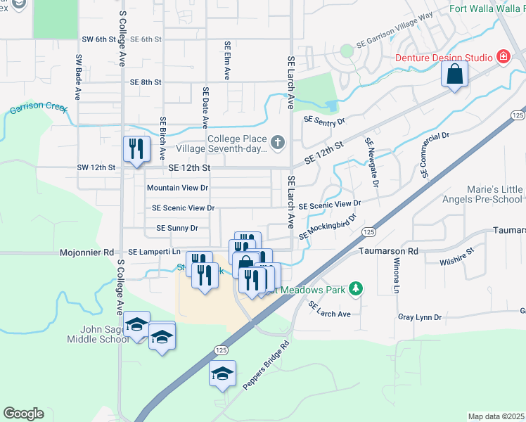 map of restaurants, bars, coffee shops, grocery stores, and more near 612 Southeast Scenic View Drive in College Place