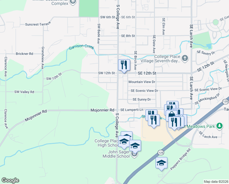 map of restaurants, bars, coffee shops, grocery stores, and more near 1410 South College Avenue in College Place