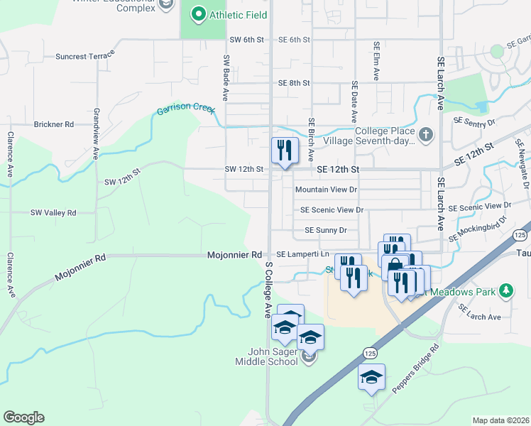 map of restaurants, bars, coffee shops, grocery stores, and more near 1410 South College Avenue in College Place