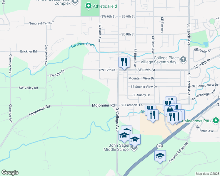 map of restaurants, bars, coffee shops, grocery stores, and more near 1560 South College Avenue in College Place