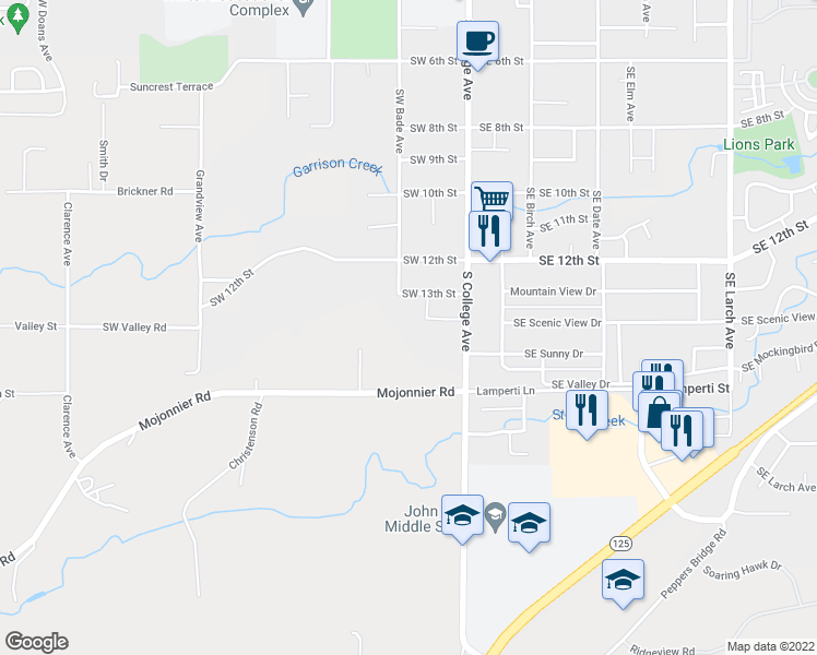 map of restaurants, bars, coffee shops, grocery stores, and more near 1560 South College Avenue in College Place