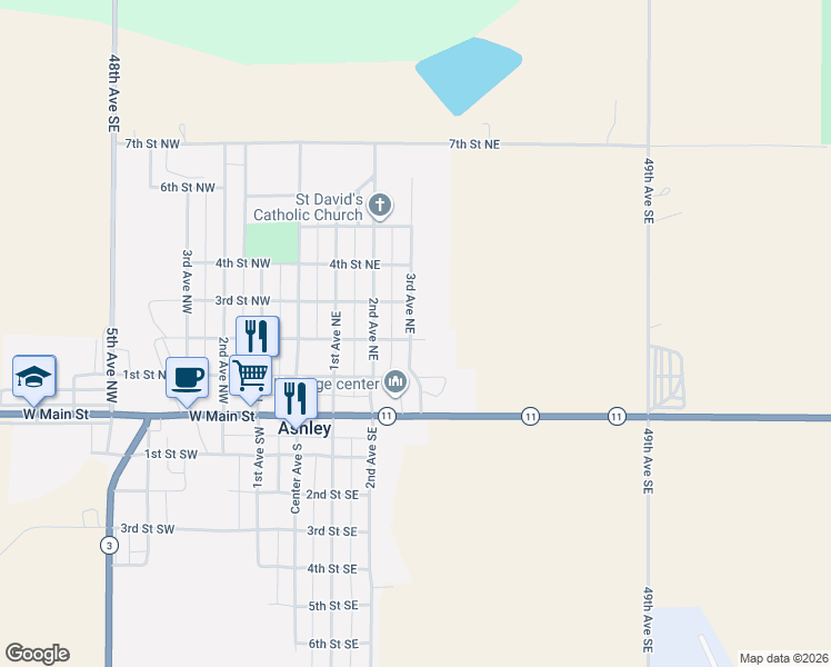 map of restaurants, bars, coffee shops, grocery stores, and more near 304 3rd Avenue Northeast in Ashley