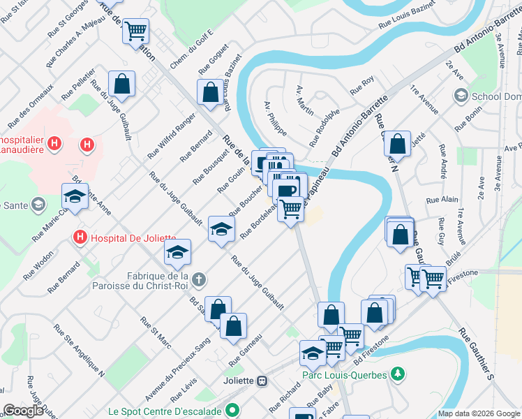 map of restaurants, bars, coffee shops, grocery stores, and more near 80 Rue Bordeleau in Joliette