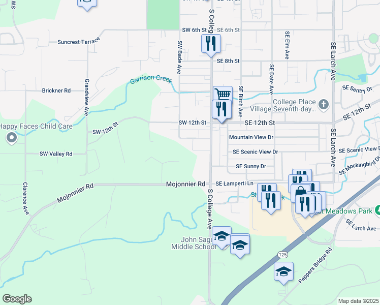 map of restaurants, bars, coffee shops, grocery stores, and more near 1560 South College Avenue in College Place