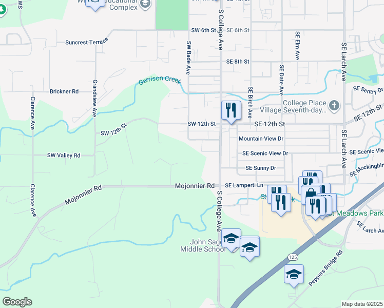 map of restaurants, bars, coffee shops, grocery stores, and more near 1560 South College Avenue in College Place