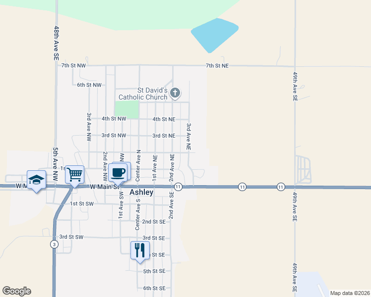 map of restaurants, bars, coffee shops, grocery stores, and more near 304 3rd Avenue Northeast in Ashley