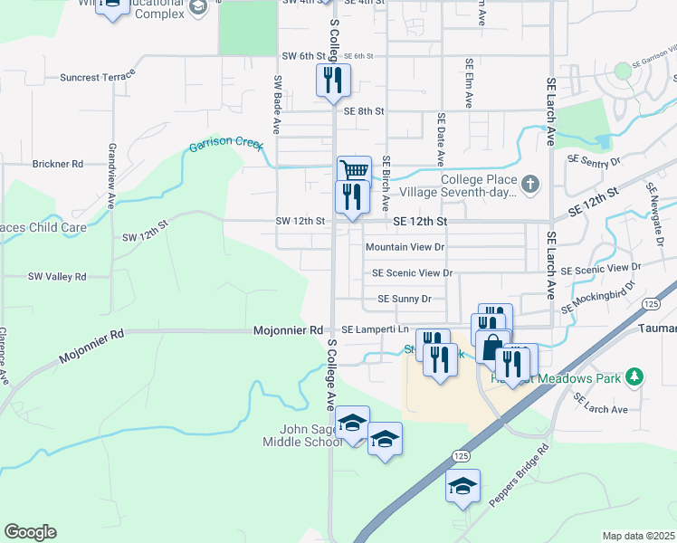 map of restaurants, bars, coffee shops, grocery stores, and more near 1413 South College Avenue in College Place