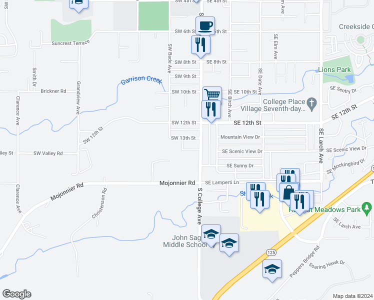 map of restaurants, bars, coffee shops, grocery stores, and more near 1560 South College Avenue in College Place