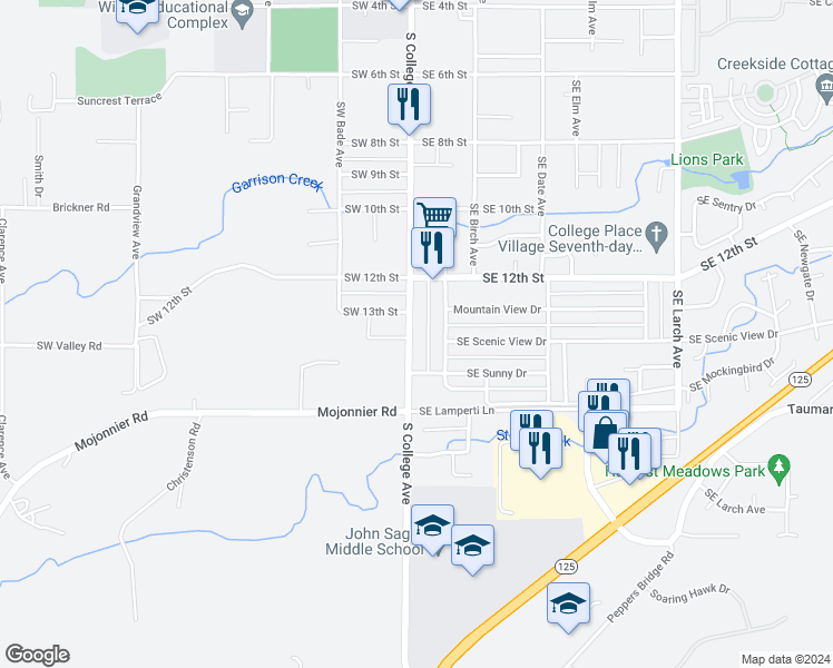 map of restaurants, bars, coffee shops, grocery stores, and more near 1409 South College Avenue in College Place