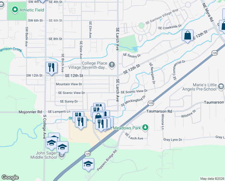 map of restaurants, bars, coffee shops, grocery stores, and more near 705 Southeast Scenic View Drive in College Place