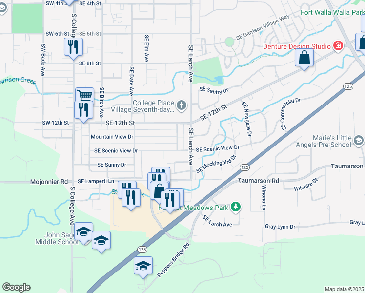 map of restaurants, bars, coffee shops, grocery stores, and more near 728 Southeast Scenic View Drive in College Place