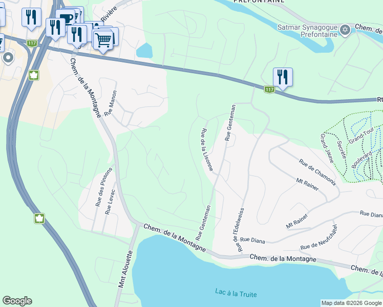 map of restaurants, bars, coffee shops, grocery stores, and more near Montée Rosa in Sainte-Agathe-des-Monts
