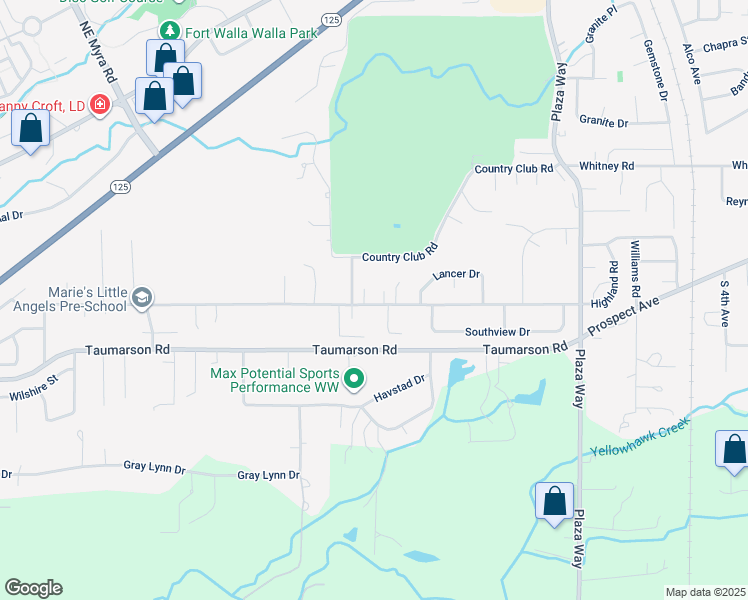 map of restaurants, bars, coffee shops, grocery stores, and more near 1382 Highland Road in Walla Walla