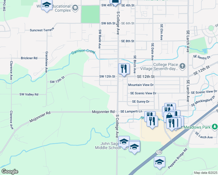 map of restaurants, bars, coffee shops, grocery stores, and more near 111 Southwest 12th Street in College Place