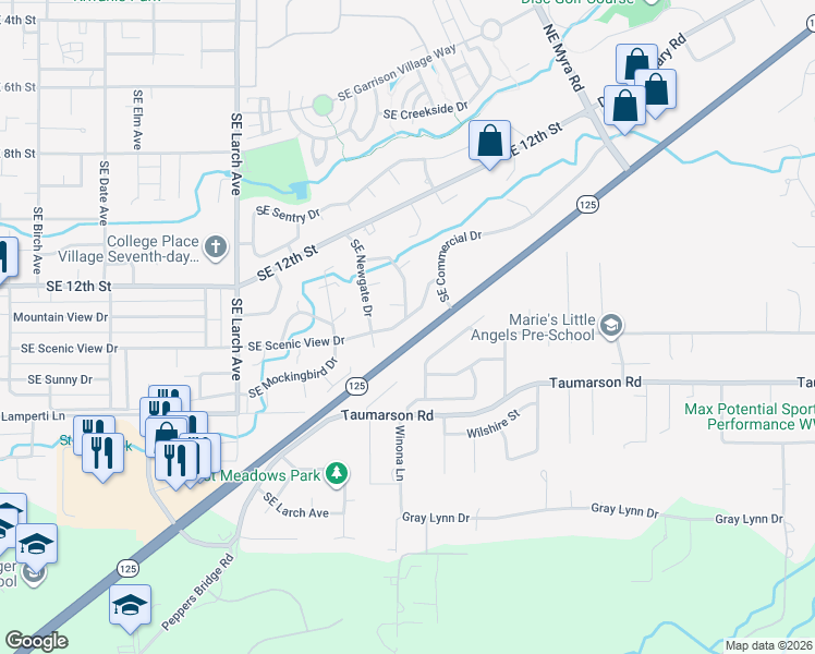map of restaurants, bars, coffee shops, grocery stores, and more near 1225 Southeast Commercial Drive in College Place