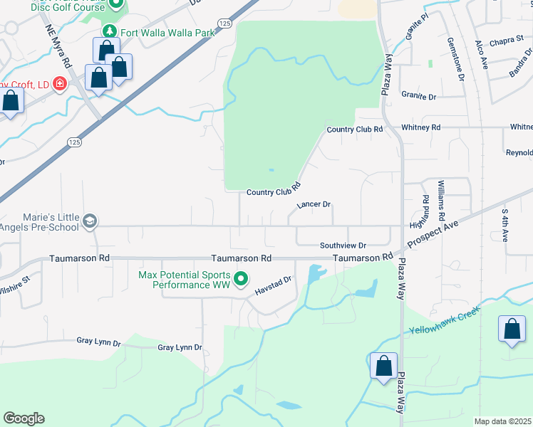 map of restaurants, bars, coffee shops, grocery stores, and more near 1382 Highland Road in Walla Walla
