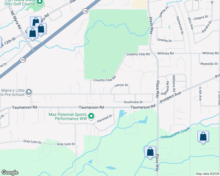 map of restaurants, bars, coffee shops, grocery stores, and more near 1250 Lancer Drive in Walla Walla