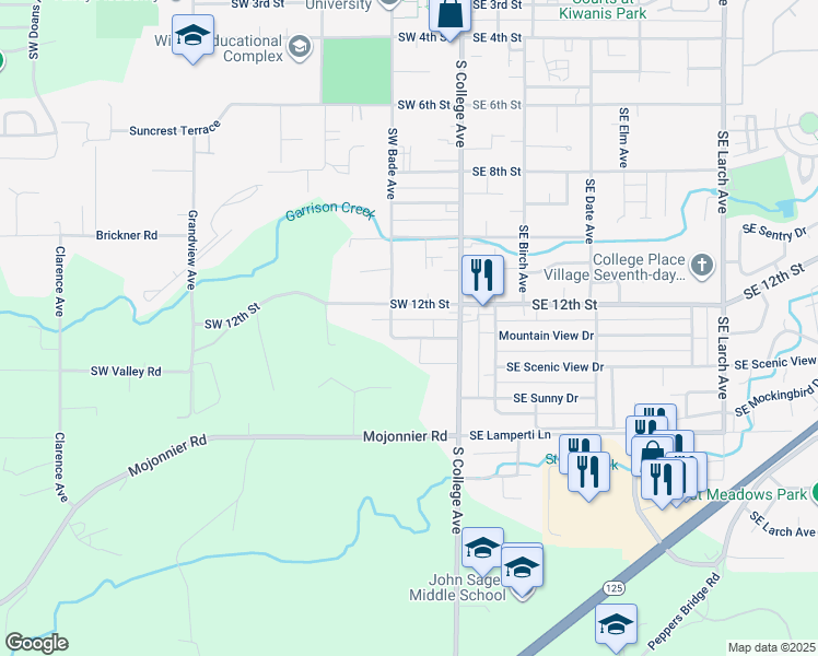map of restaurants, bars, coffee shops, grocery stores, and more near 111 Southwest 12th Street in College Place