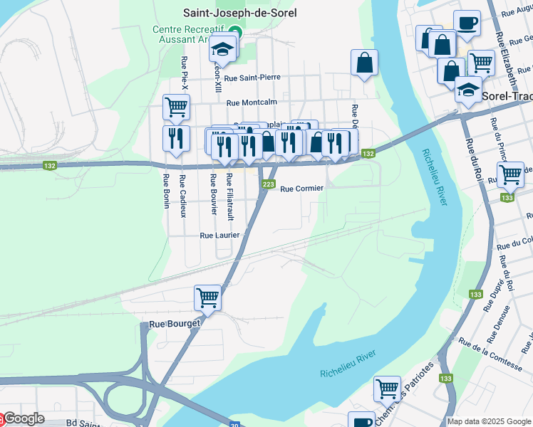 map of restaurants, bars, coffee shops, grocery stores, and more near 1350 Chemin Saint Roch in Sorel