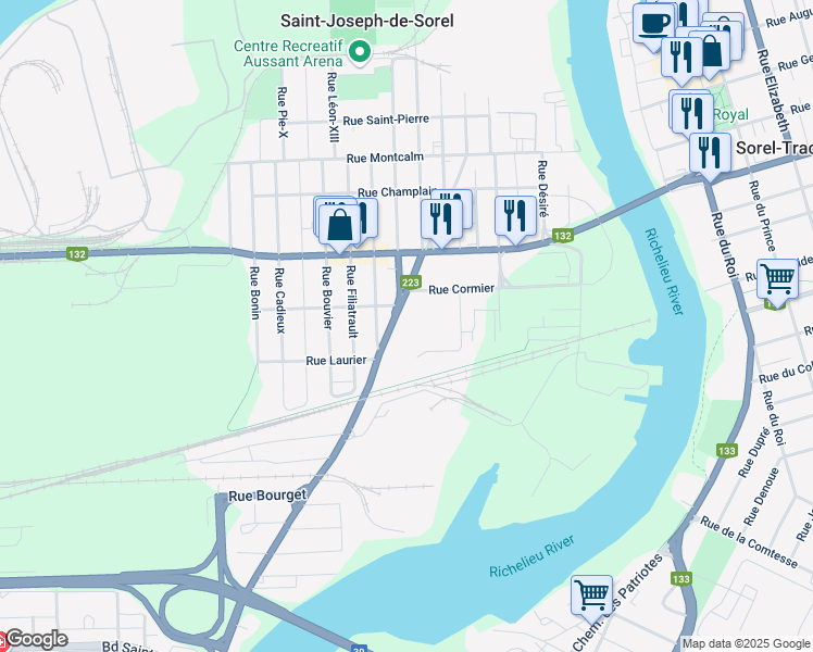 map of restaurants, bars, coffee shops, grocery stores, and more near 1350 Chemin Saint-Roch in Sorel-Tracy