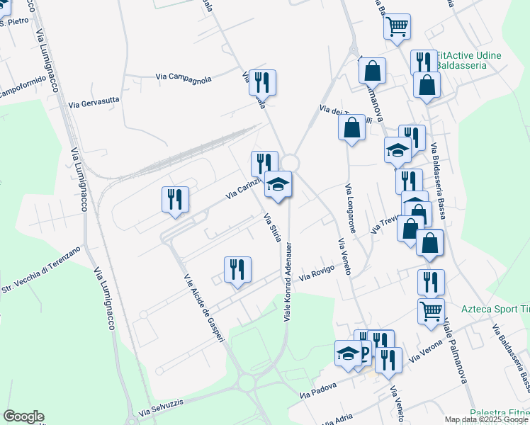 map of restaurants, bars, coffee shops, grocery stores, and more near Via Stiria in Udine