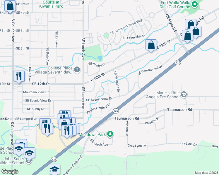 map of restaurants, bars, coffee shops, grocery stores, and more near 1234 Southeast Mockingbird Drive in College Place