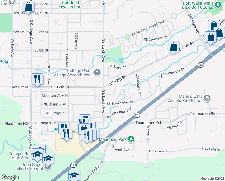 map of restaurants, bars, coffee shops, grocery stores, and more near 1222 Southeast Dewey Drive in College Place