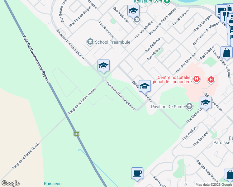 map of restaurants, bars, coffee shops, grocery stores, and more near 550 Boulevard l'Assomption Ouest in Lanaudière