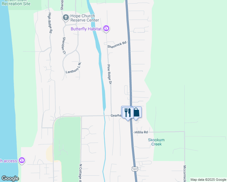 map of restaurants, bars, coffee shops, grocery stores, and more near 2147 Pine Ridge Drive in Gearhart
