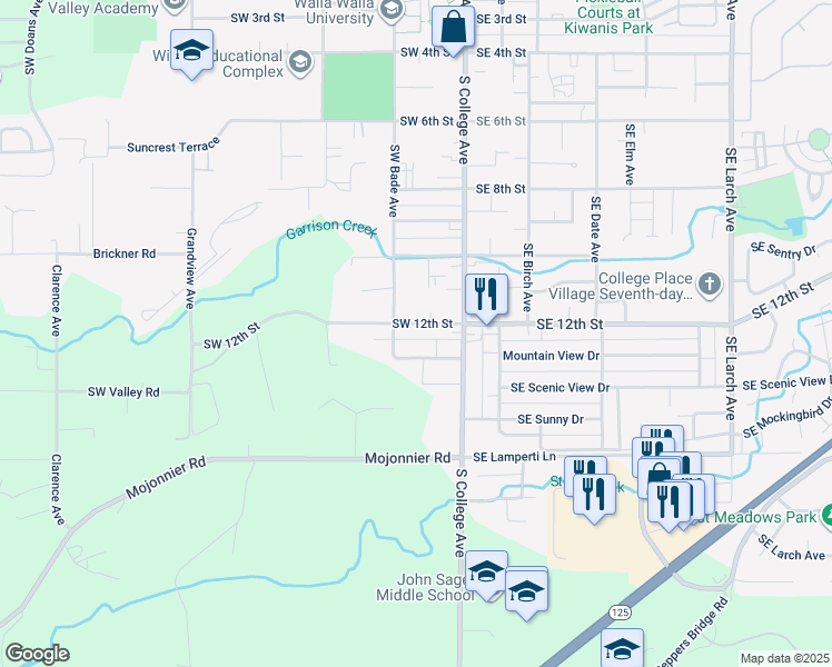 map of restaurants, bars, coffee shops, grocery stores, and more near 111 Southwest 12th Street in College Place
