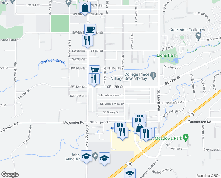 map of restaurants, bars, coffee shops, grocery stores, and more near 134 Southeast 12th Street in College Place