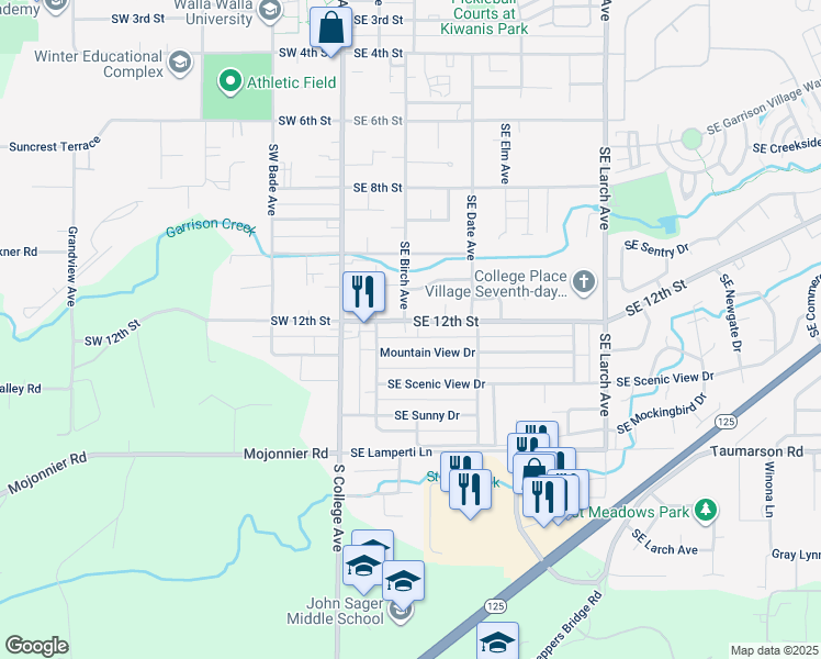map of restaurants, bars, coffee shops, grocery stores, and more near 134 Southeast 12th Street in College Place