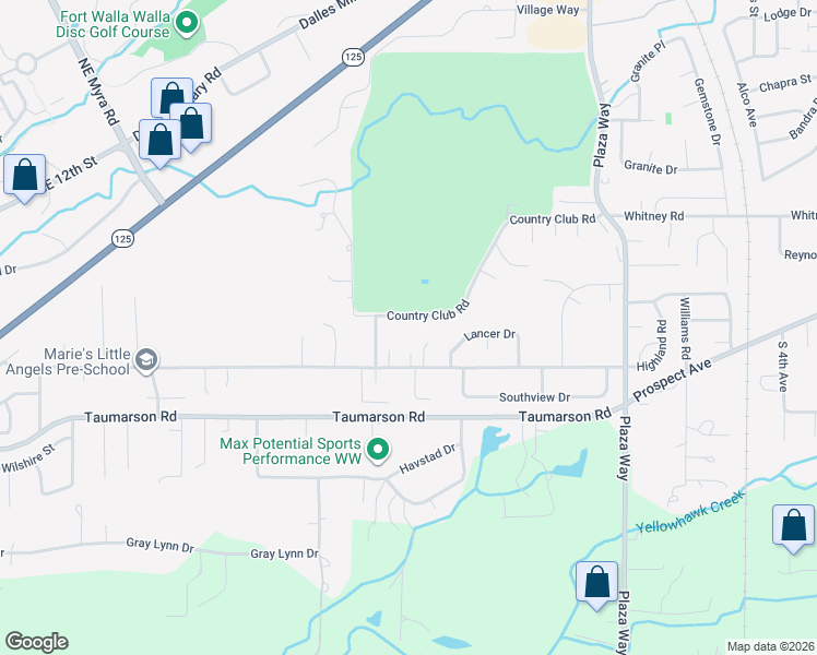 map of restaurants, bars, coffee shops, grocery stores, and more near 1391 Country Club Road in Walla Walla