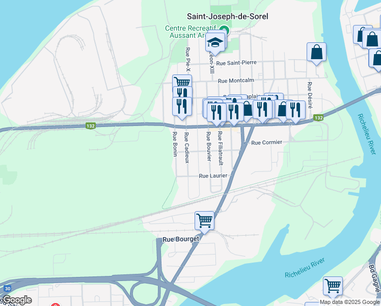 map of restaurants, bars, coffee shops, grocery stores, and more near 1208 Rue Cadieux in Sorel-Tracy
